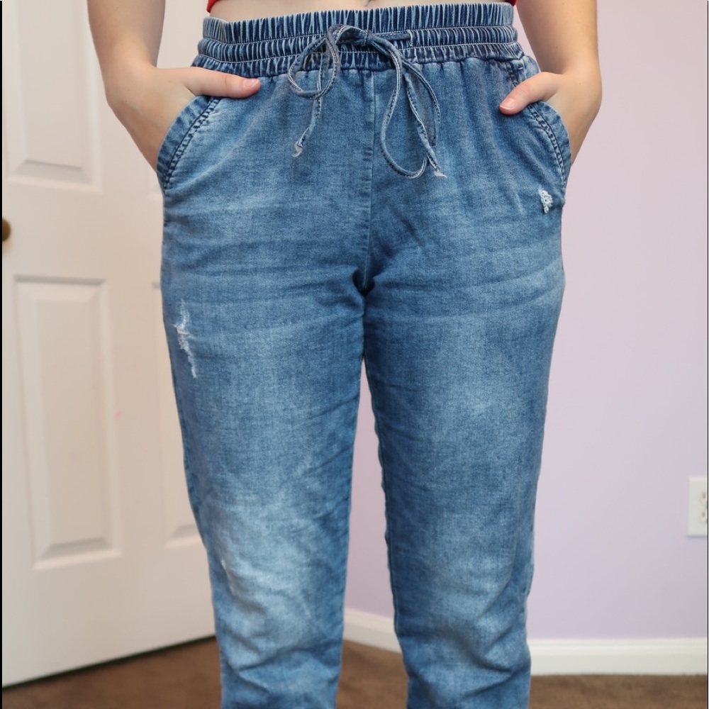 Denim Joggers With Tie